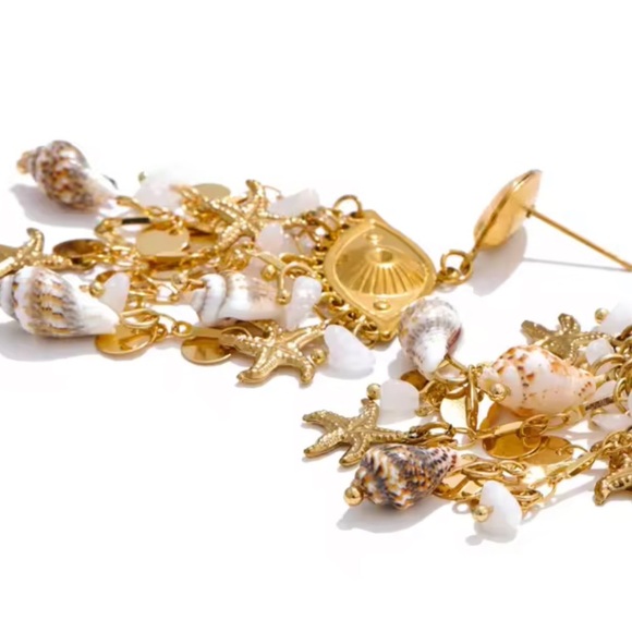 Gold Shell & Pearl Dangle Earrings – Baroque Ocean-Inspired Statement Jewelry - Picture 5 of 11